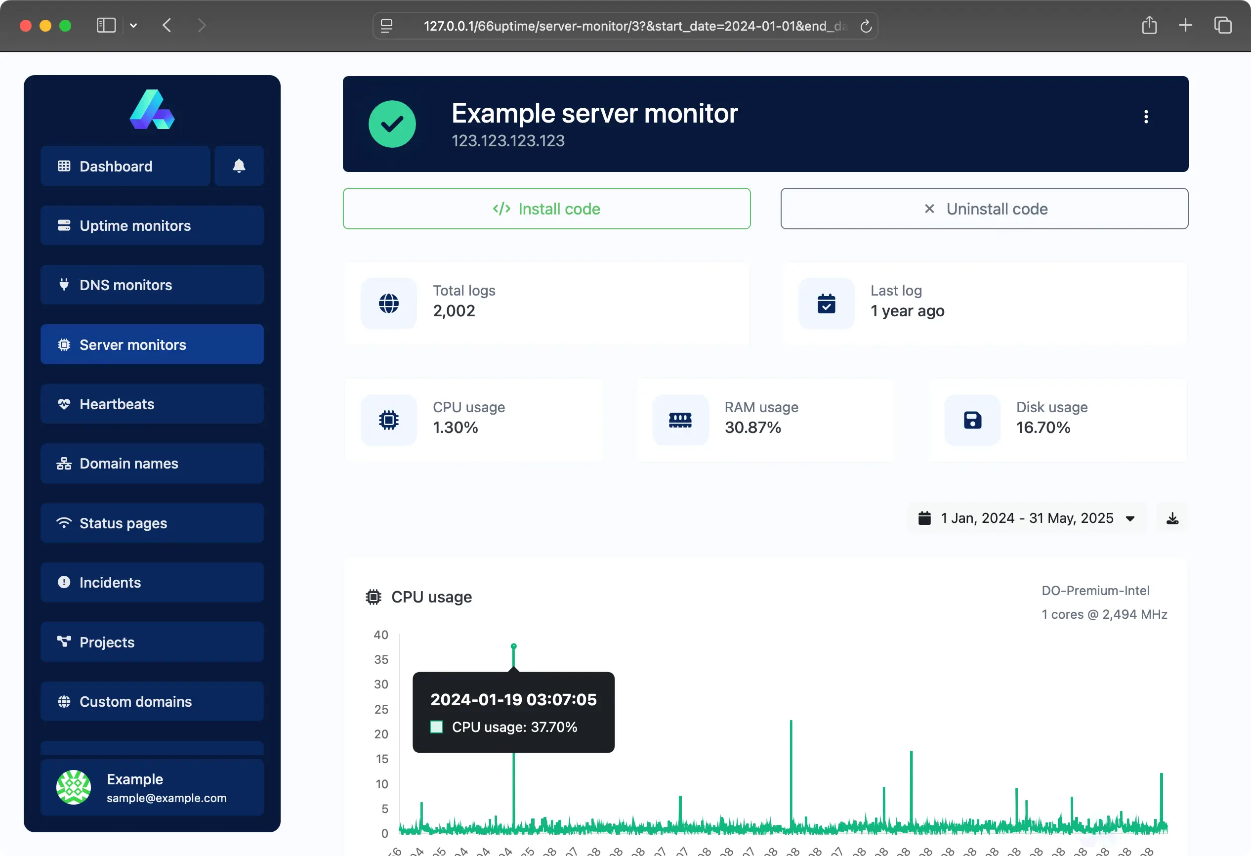 Screenshot of the app server monitor page